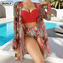 Conjunto Biquíni 3 Peças Feminino com Saída de Praia Estampa Tropical Ferrazi