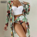 Conjunto Biquíni 3 Peças Feminino com Saída de Praia Estampa Tropical Ferrazi