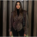 Jaqueta Feminina de Couro Vintage com Decote em V Ferrazi